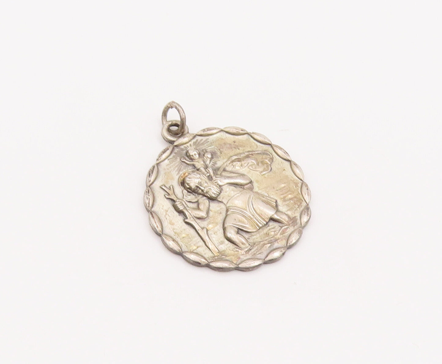 925 Sterling Silver Vintage Pendant Solid Religious Carved Bordered Coin PT23122
