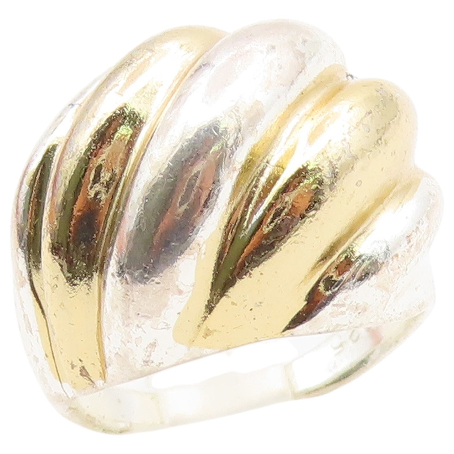 925 Sterling Silver Vintage Ring Two Tone Modernist Ribbed Dome  Sz 7  RG36897