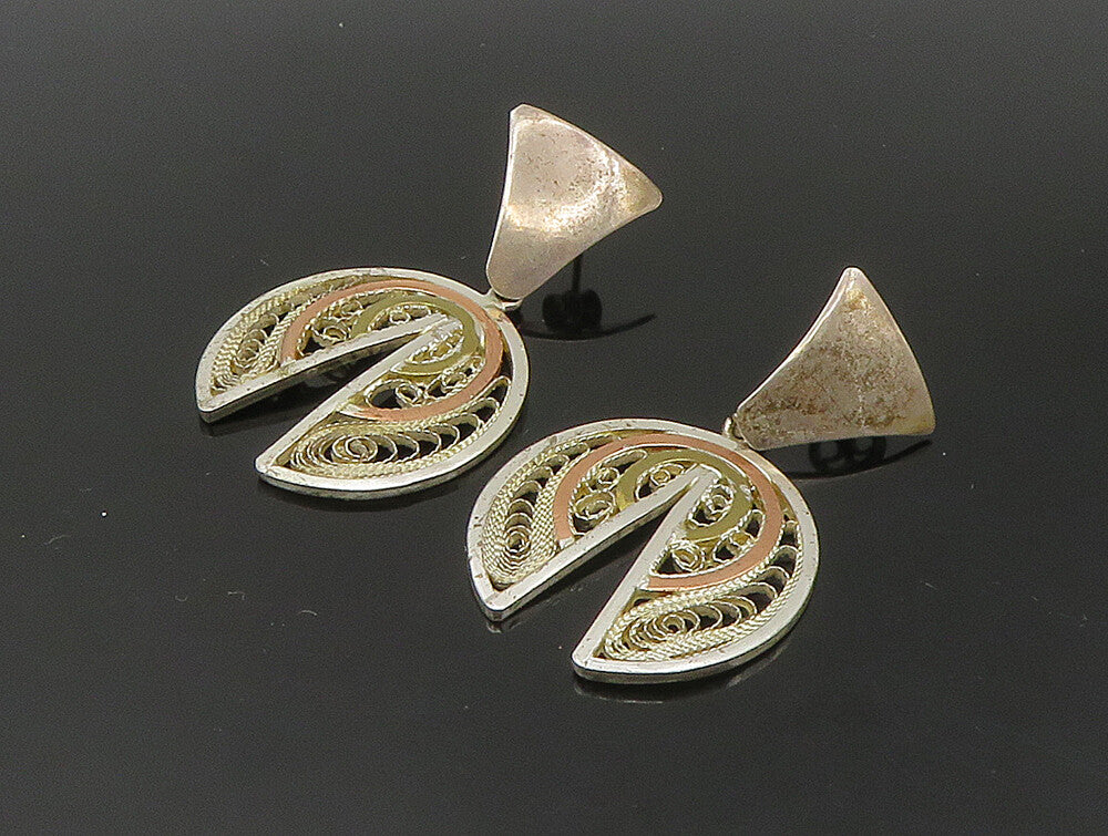 EUROPEAN 925 Sterling Silver  Vintage 3Tone Filigree Dangle Earrings  EG11561