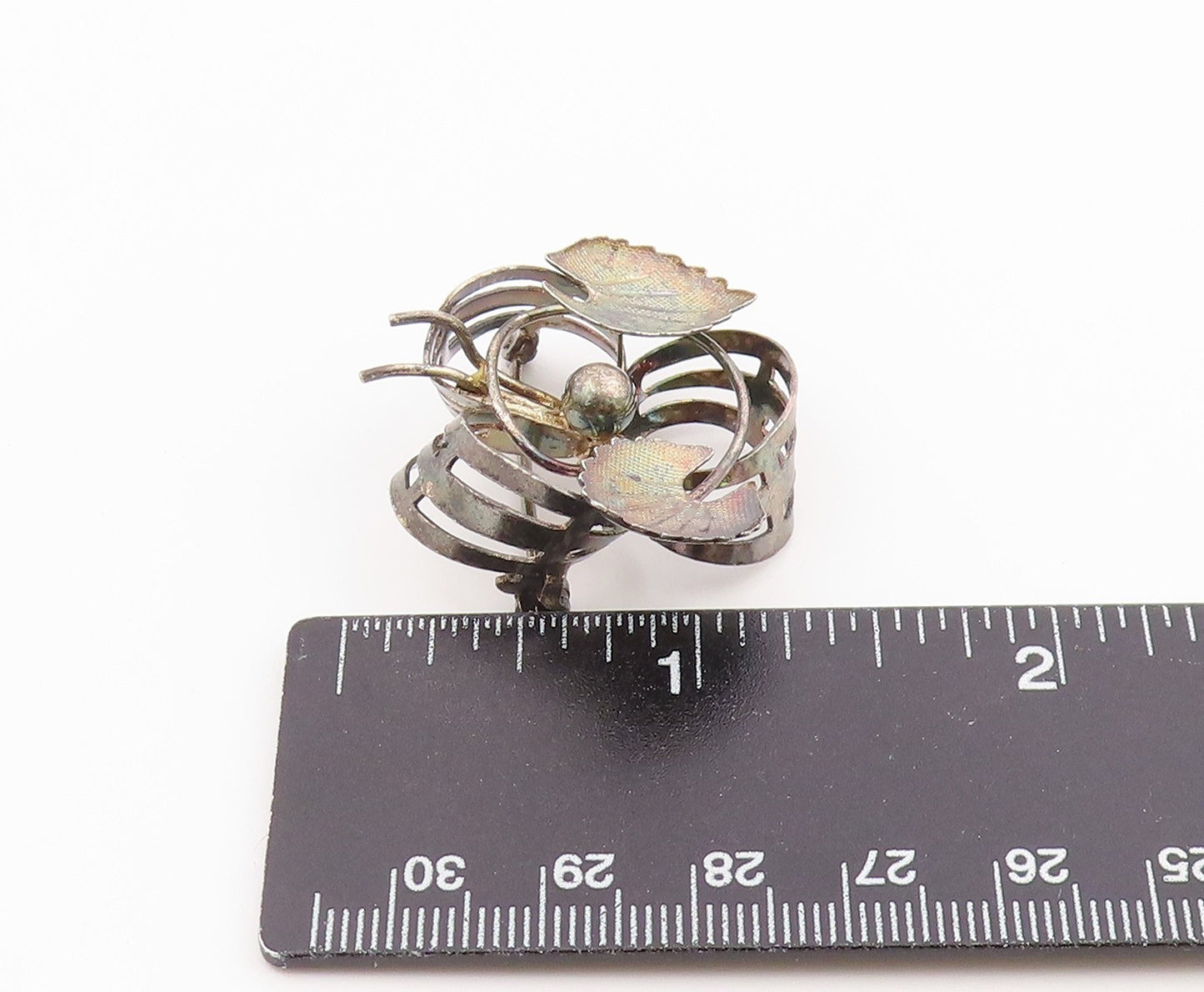 925 Sterling Silver Vintage Brooch Pin Classic Ribbon & Textured Leaf  BP12600
