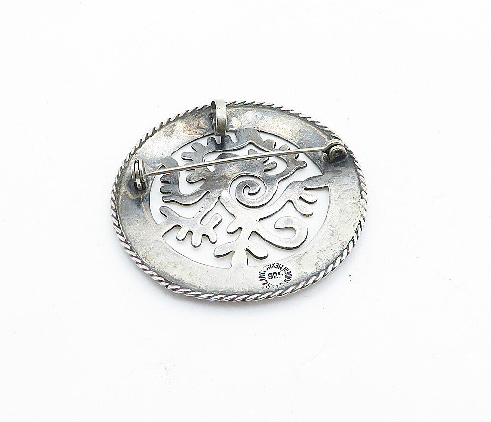 MEXICO 925 Sterling Silver  Vintage Traditional Design Round Brooch Pin BP2744
