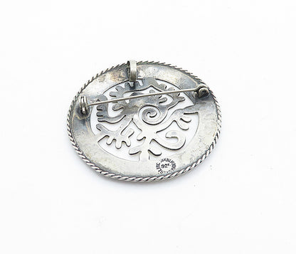 MEXICO 925 Sterling Silver  Vintage Traditional Design Round Brooch Pin BP2744