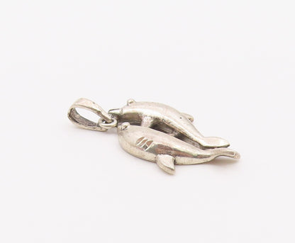 925 Sterling Silver  Vintage Diamond Cut Detail Dolphins Pendant  PT16503