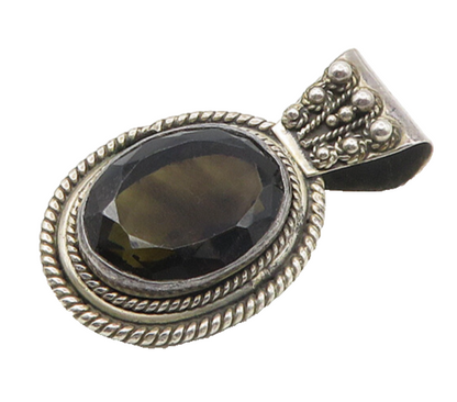 925 Sterling Silver  Vintage Faceted Smoky Topaz Twist Oval Pendant  PT14017