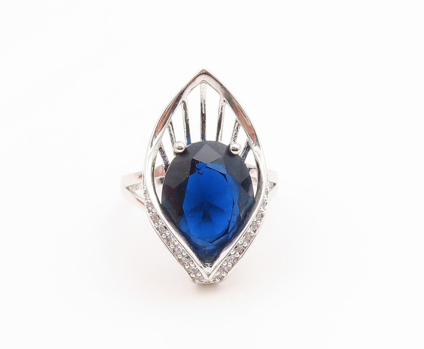 925 Sterling Silver Vintage Ring Modernist Sapphire & Topaz  Sz 9.5  RG35483
