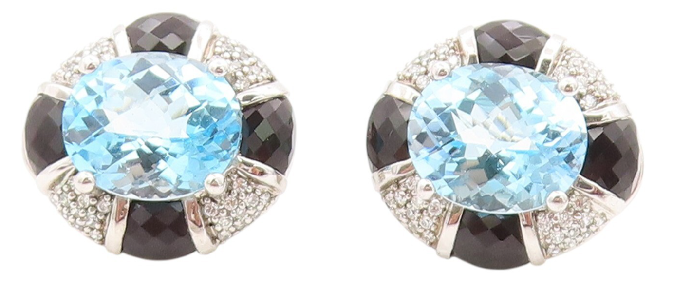 925 Sterling Silver Vintage Earrings Oval Blue Topaz Halo Sapphire & CZ  EG13346