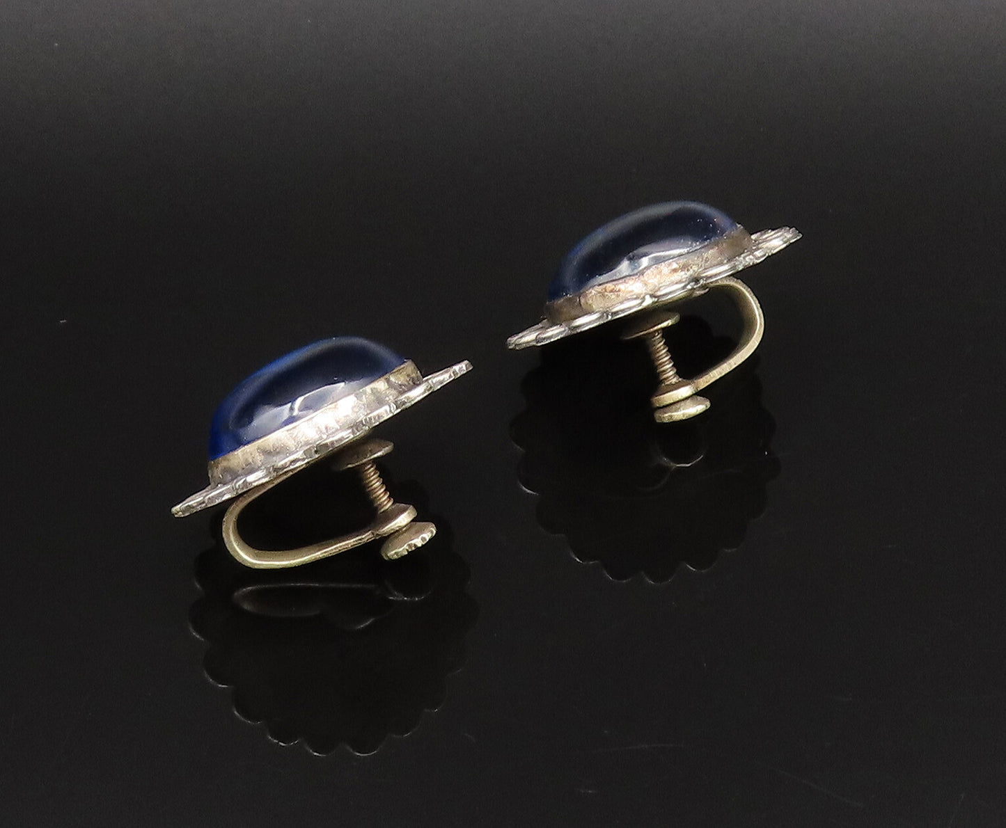 MEXICO 925 Silver  Vintage Unique Blue Amber Screw Back Earrings  EG12142