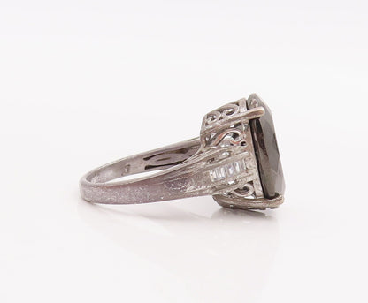 925 Sterling Silver Vintage Ring D'JOY Carved Neck Hematite & CZ  Sz 7  RG28936