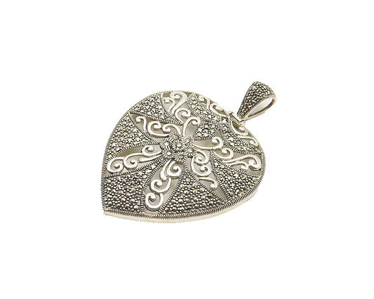 925 Sterling Silver  Vintage Marcasite Floral Swirl Heart Pendant  PT14753