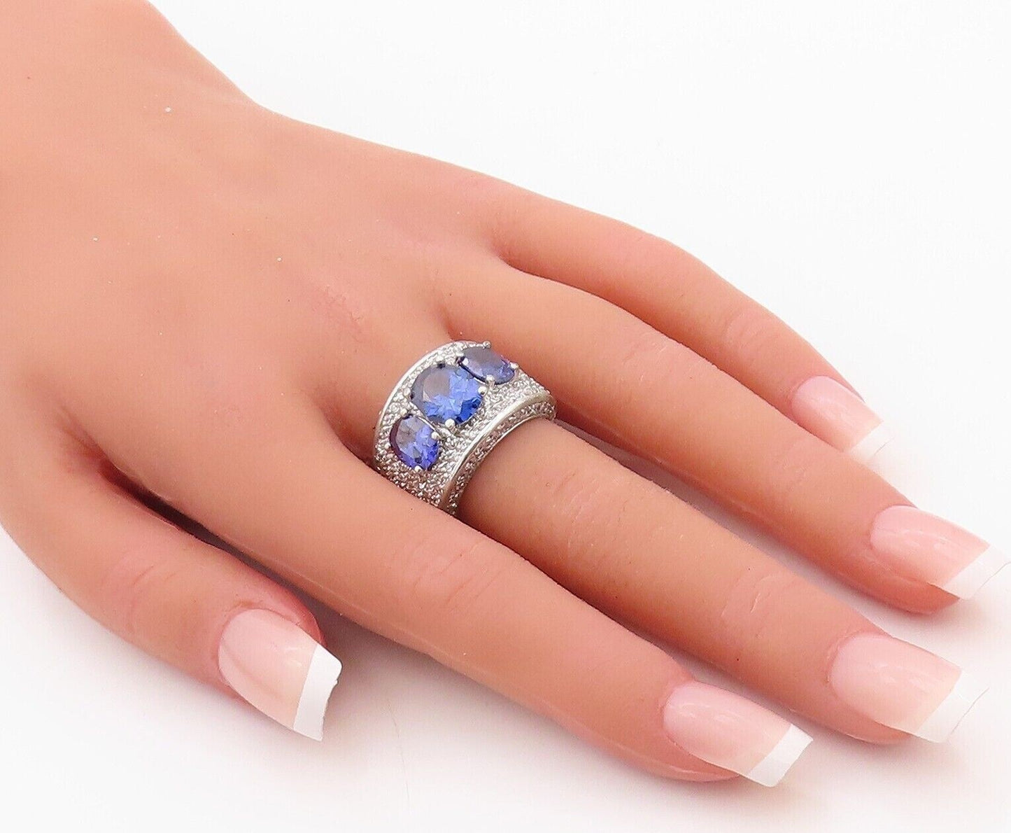 925 Sterling Silver Vintage Ring Broad Band Sapphire & CZ Inlay  Sz 7  RG29983