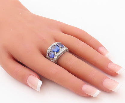 925 Sterling Silver Vintage Ring Broad Band Sapphire & CZ Inlay  Sz 7  RG29983