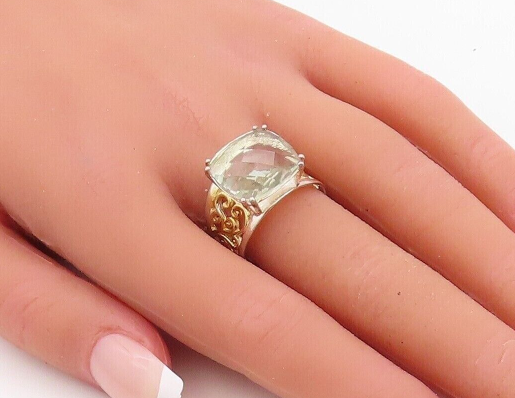 925 Sterling Silver Vintage Ring Gold Plated Carved Green Amethyst Sz 7  RG30072
