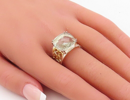 925 Sterling Silver Vintage Ring Gold Plated Carved Green Amethyst Sz 7  RG30072