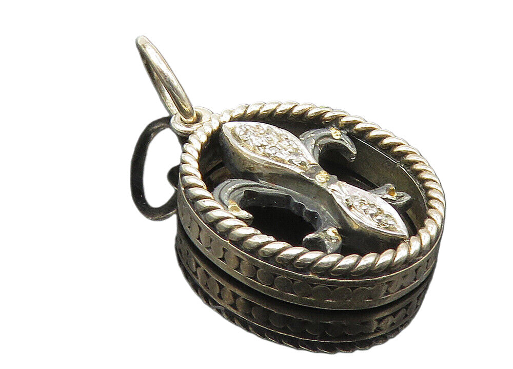925 Sterling Silver  Vintage Genuine Diamonds Fleur De Lis Drop Pendant PT7515