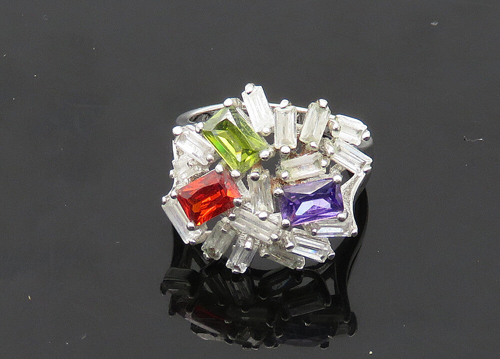 925 Silver Vintage Cubic Zirconia & Multi Stone Cocktail Ring Sz 6.5 RG20809