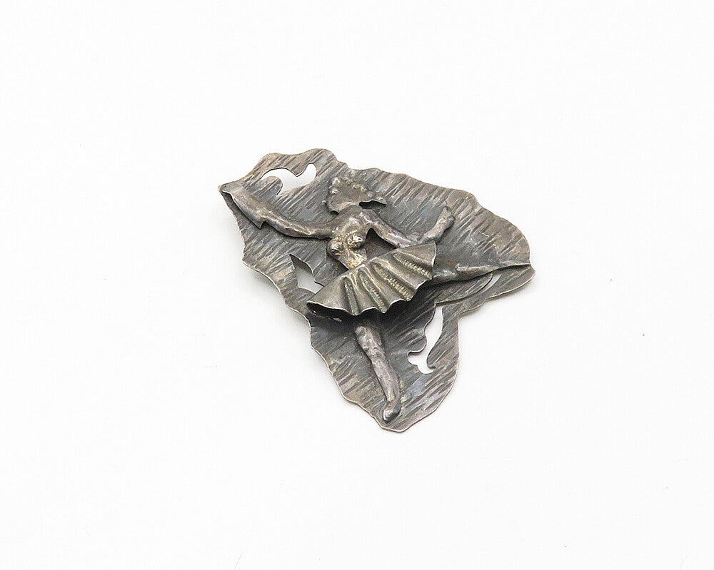 925 Sterling Silver  Vintage Oxidized Ballerina Sculpted Brooch Pin  BP6813