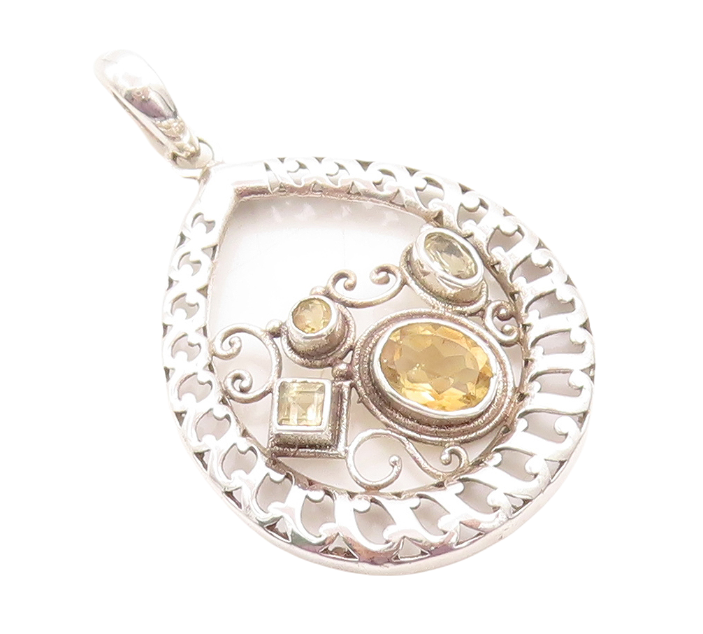 925 Sterling Silver Vintage Pendant Designer Swirly Cutout Citrine Inlay PT23760
