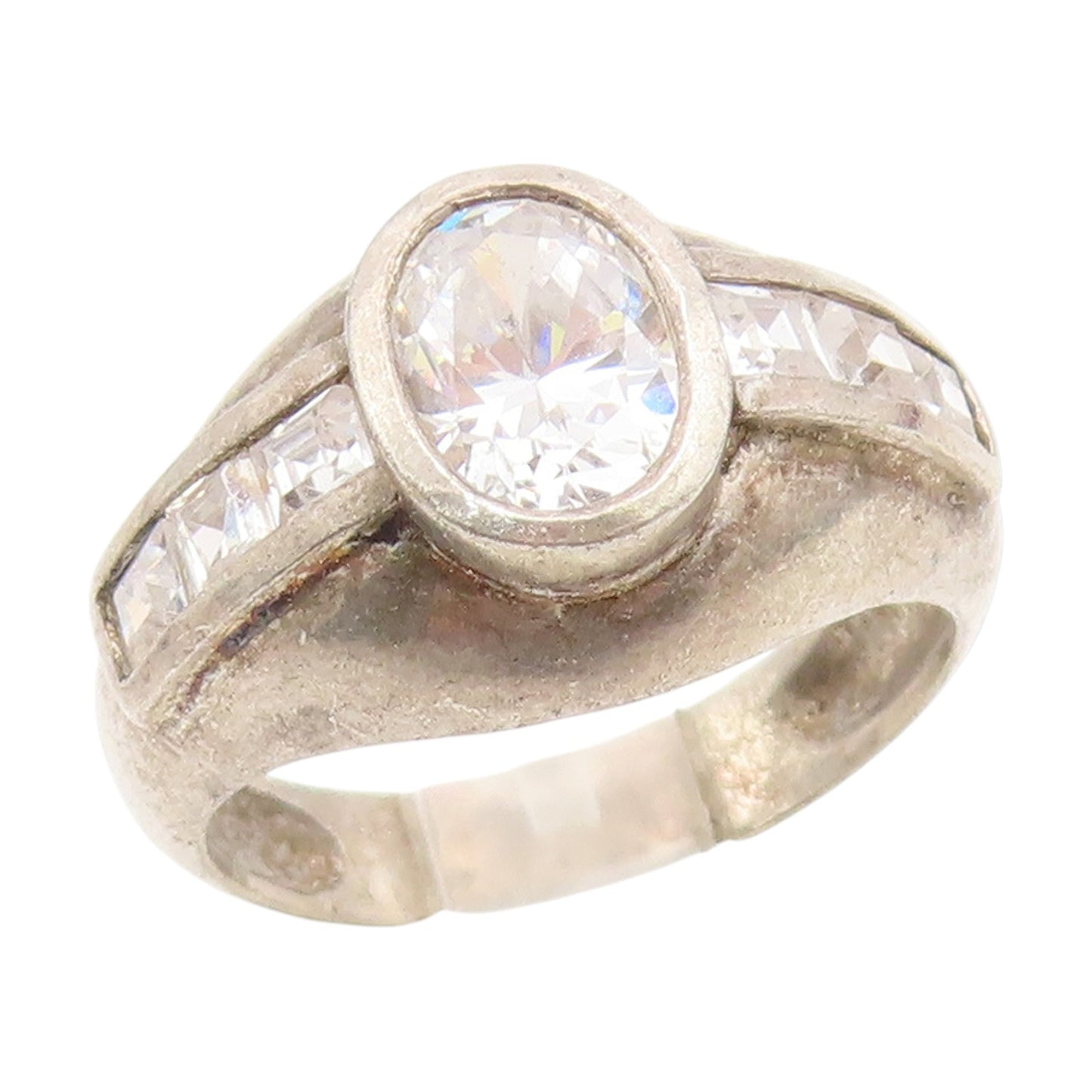 925 Sterling Silver Vintage Ring Oval & Baguette Cut CZ Band  Sz 7  RG34365