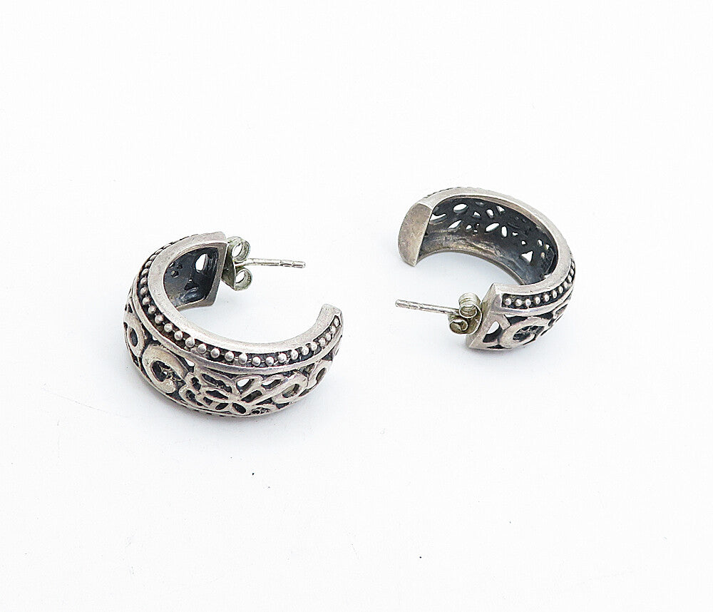 925 Sterling Silver  Vintage Dark Tone Open Floral JHoop Earrings  EG2425