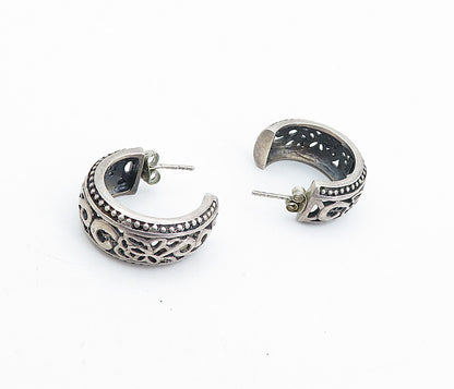 925 Sterling Silver  Vintage Dark Tone Open Floral JHoop Earrings  EG2425