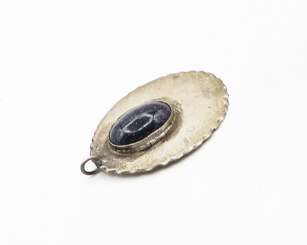 925 Sterling Silver  Vintage Cabochon Cut Blue Goldstone Pendant  PT15169