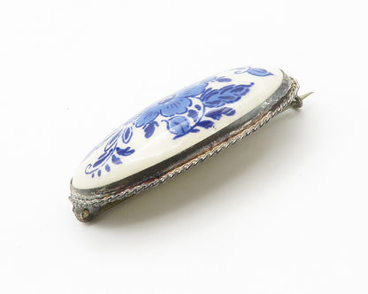 925 Sterling Silver  Vintage Enamel Floral Art Oval Dome Brooch Pin  BP5487