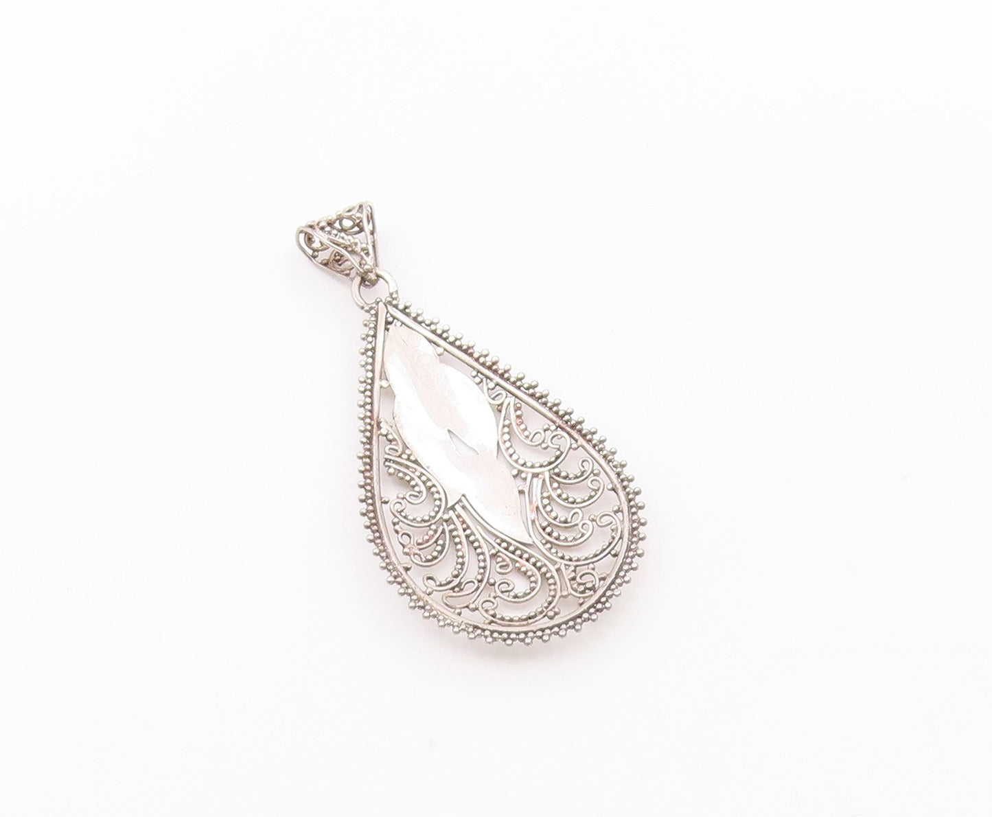 925 Silver  Vintage Beaded Leaf Vine Swirl Pear Shape Dome Pendant  PT20481