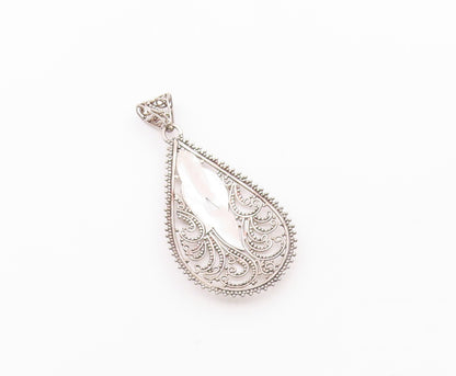 925 Silver  Vintage Beaded Leaf Vine Swirl Pear Shape Dome Pendant  PT20481