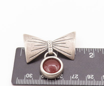 925 Sterling Silver Vintage Brooch Pin Carved Bow Dangling Carnelian  BP10865