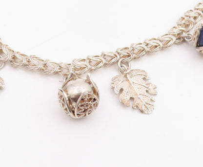 925 Sterling Silver Vintage Necklace Lapis Lazuli Beads Botanical Charm  NE4779