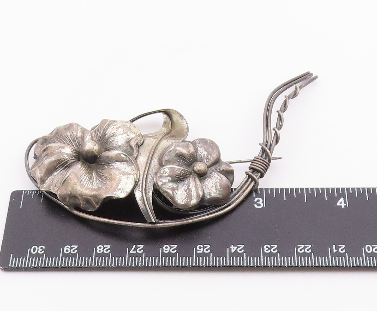 925 Sterling Silver  Vintage Antique Oxidized Single Flower Brooch Pin  BP4068