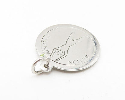 925 Sterling Silver  Shiny Etched Action Aerobics Round Drop Pendant  PT8936