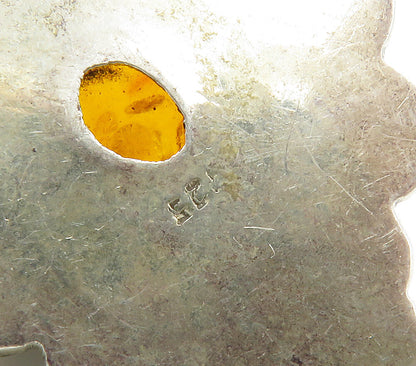 925 Sterling Silver  Vintage Cabochon Cut Amber Floral Swirl Pendant  PT11703