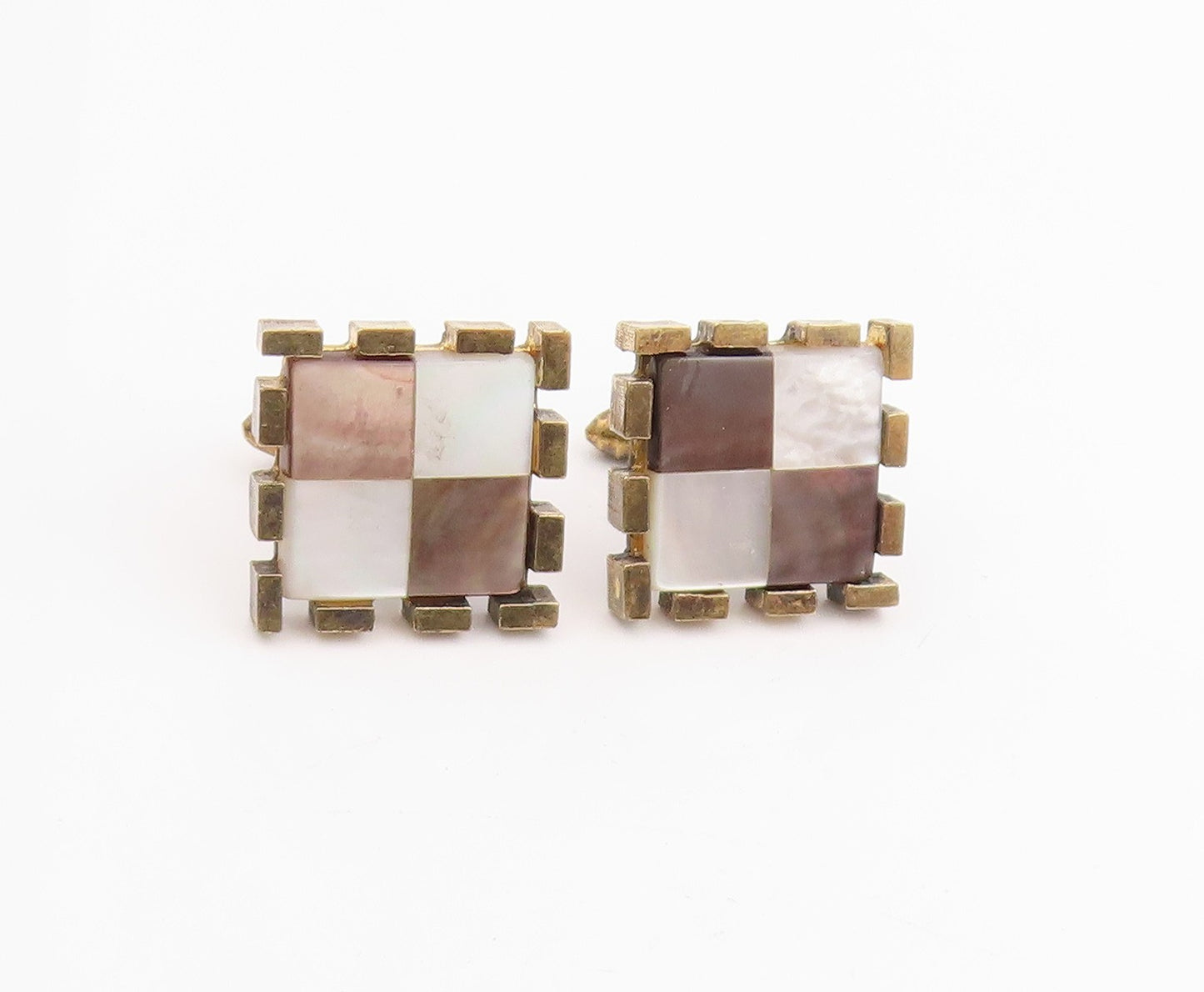 925 Sterling Silver Vintage Cuff Links Mother Of Pearl Checkerboard Pair TR4056
