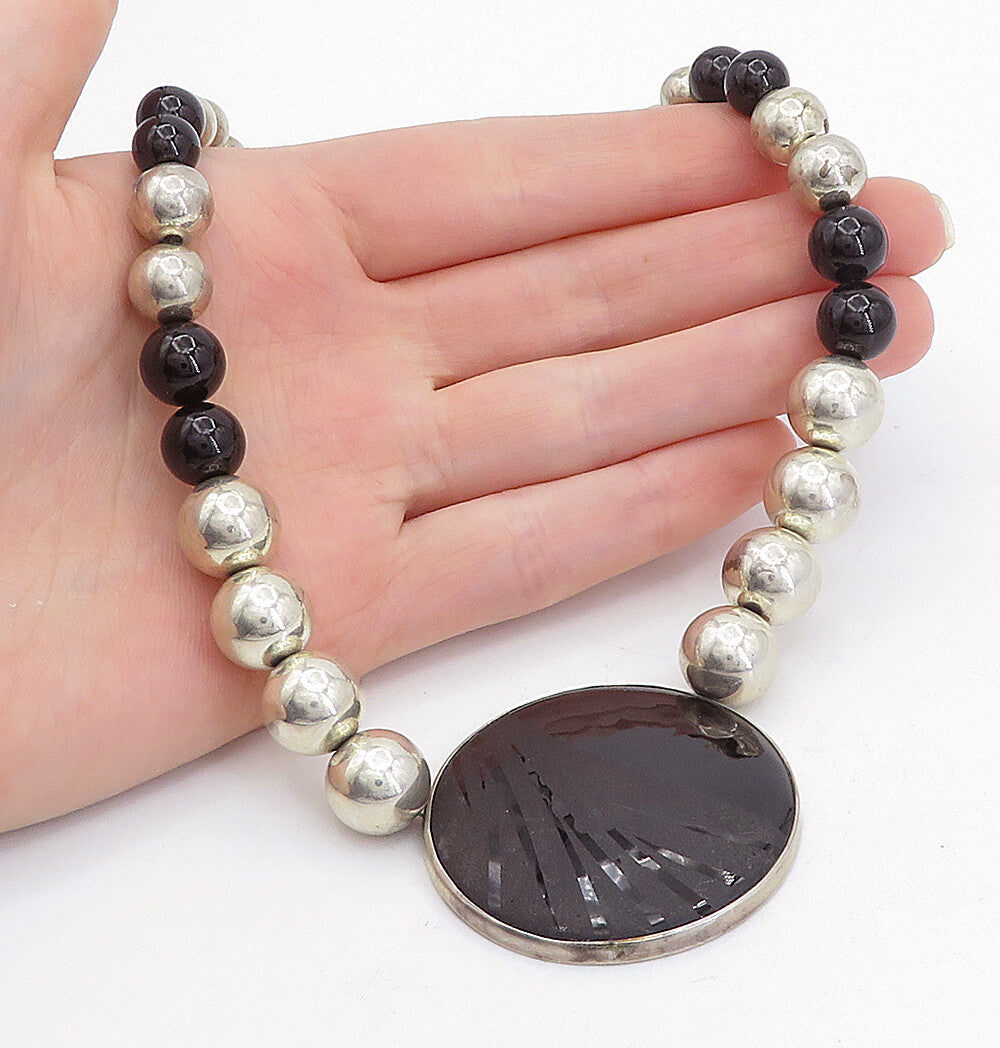 925 Sterling Silver  Vintage Black Onyx Shiny Ball Bead Chain Necklace  NE1080
