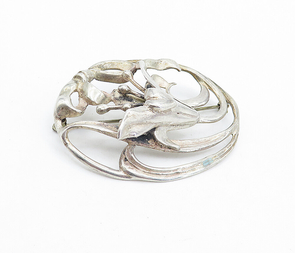 925 Sterling Silver  Vintage Antique Sculpted Floral Ribbon Brooch Pin  BP1629