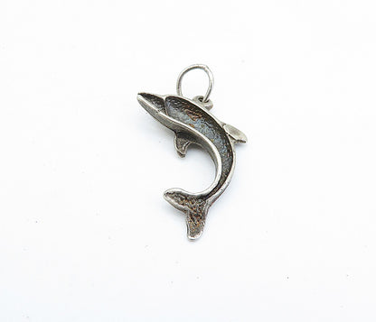925 Sterling Silver  Vintage Dark Tone Leaping Dolphin Motif Pendant  PT3765