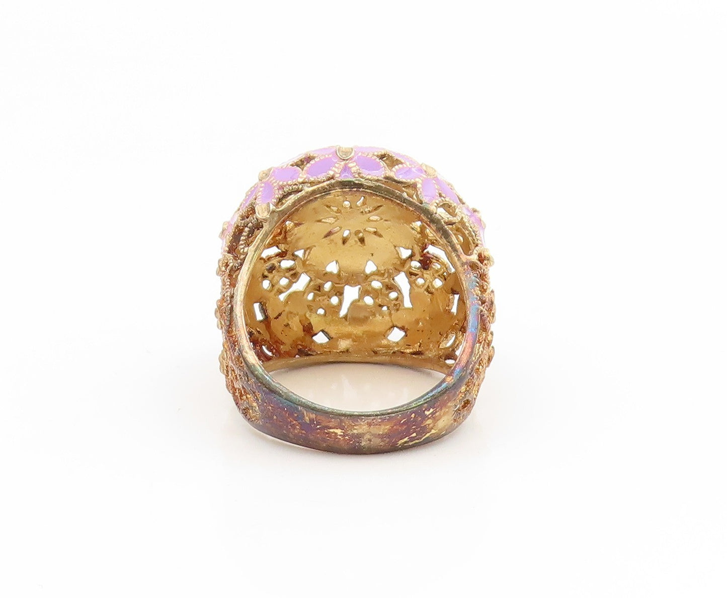 925 Sterling Silver Vintage Ring Gold Plated Enamel Floral Dome  Sz 7  RG35113