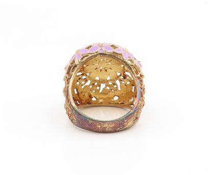 925 Sterling Silver Vintage Ring Gold Plated Enamel Floral Dome  Sz 7  RG35113