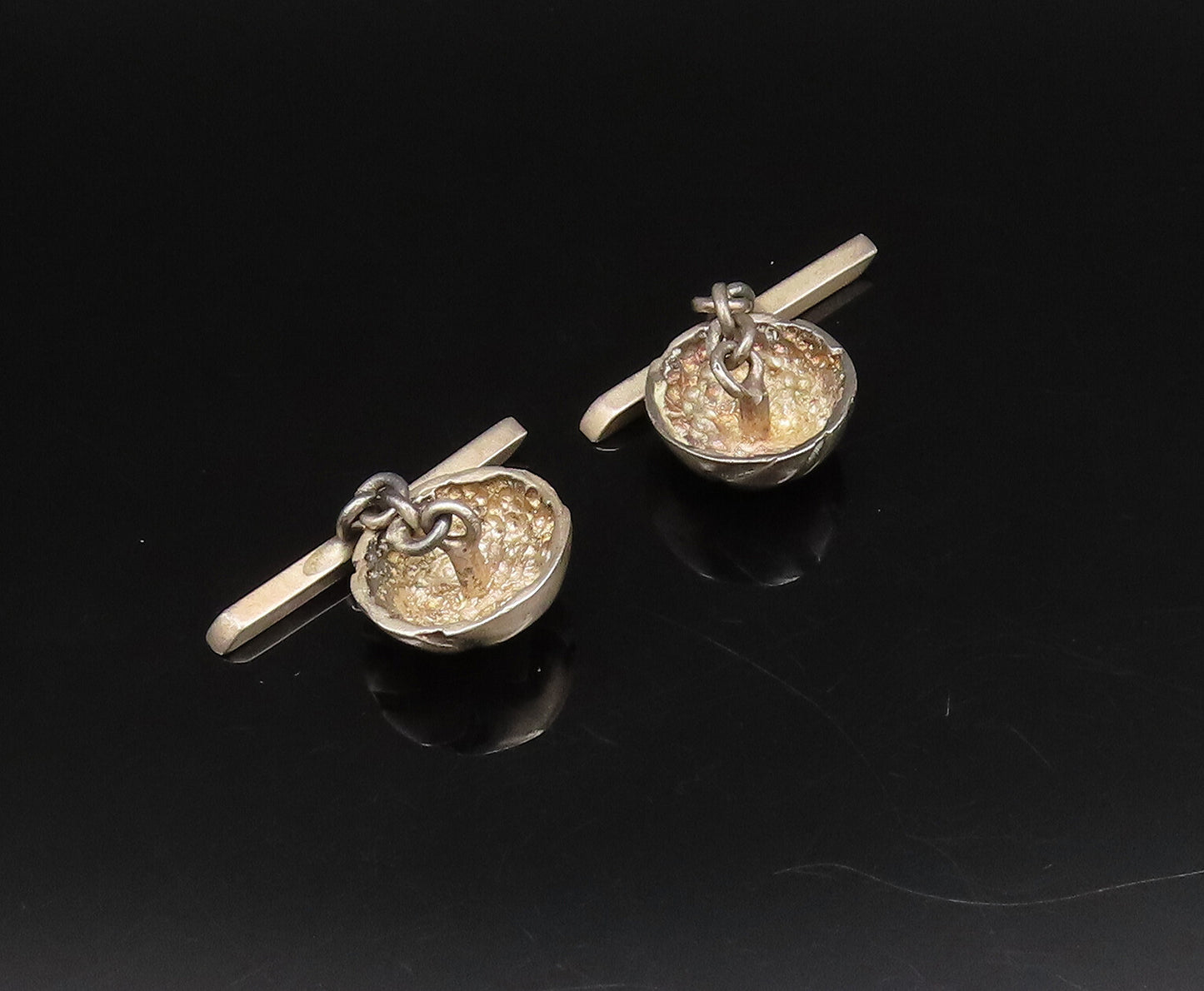 925 Sterling Silver  Vintage Carved Wavy Lines Dome Chain Cuff Links  TR3423