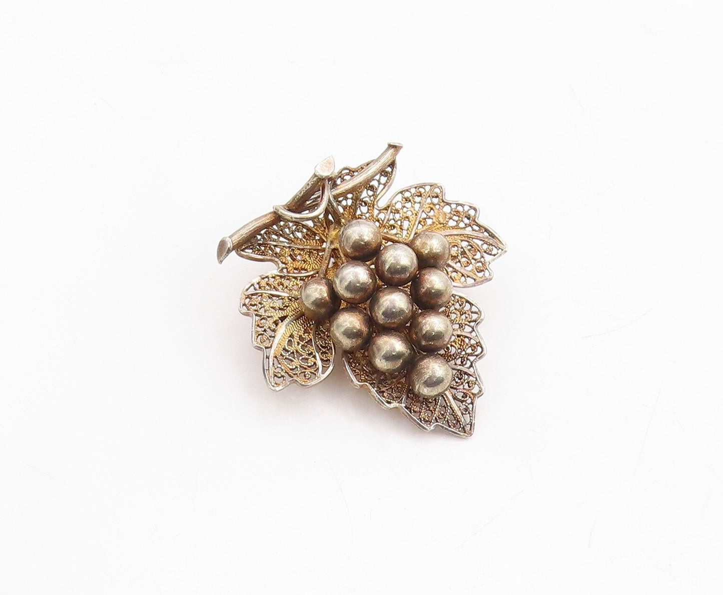 925 Sterling Silver Vintage Brooch Pin EUROPE Gold Plated Grapes Leaf  BP11353