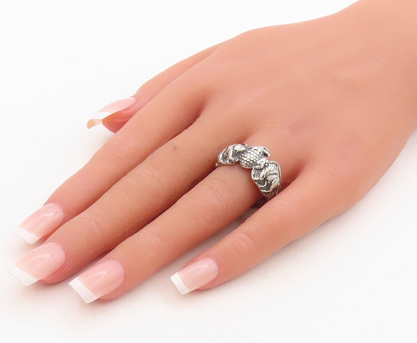 925 Sterling Silver Vintage Ring Dark Tone Designer Carved Eagle  Sz 10  RG31694