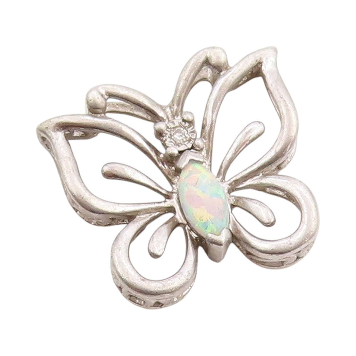 925 Sterling Silver Vintage Pendant Diamonds & Opal Cutout Butterfly  PT24692