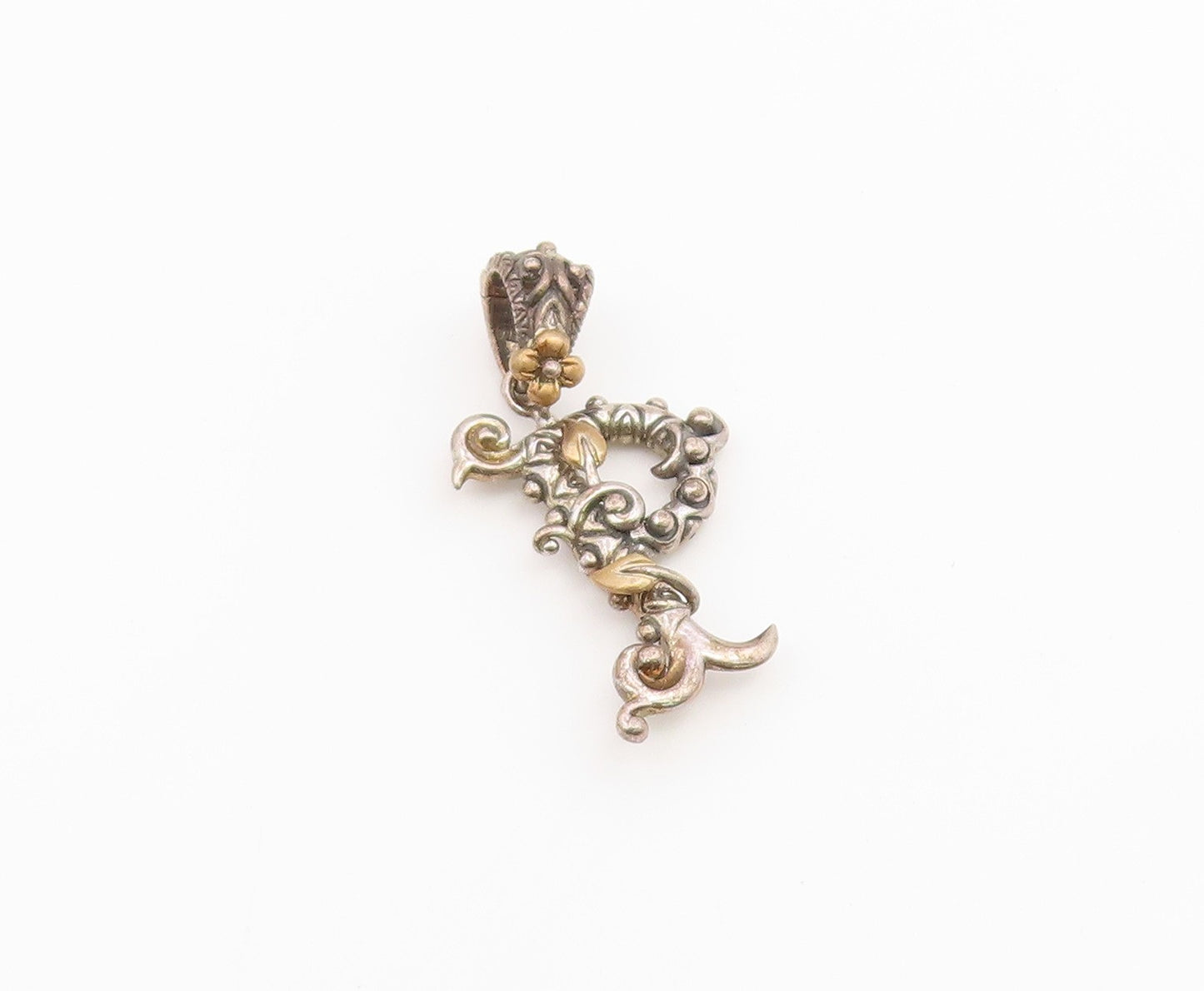 18K Gold & 925 Sterling Silver Vintage Pendant BIXBY Letter P Vine Leaf  PT26509