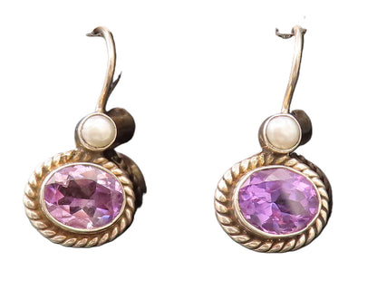 925 Sterling Silver  Vintage Amethyst Halo Roped Pearl Drop Earrings  EG12488