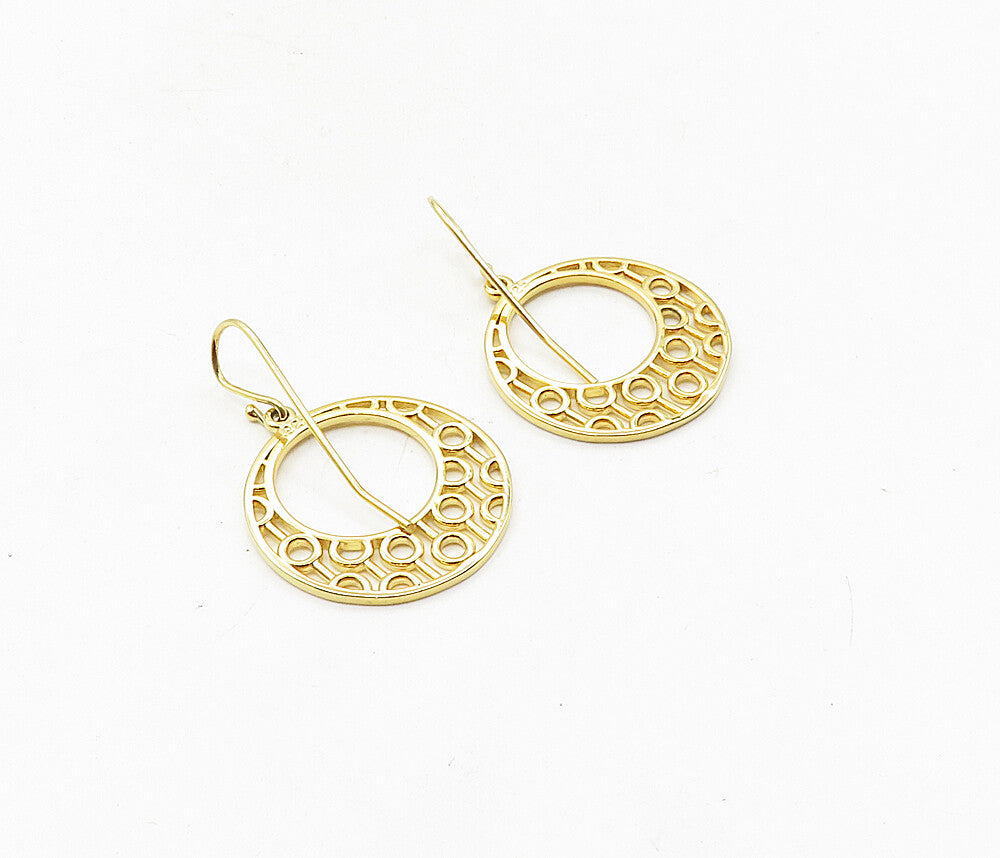 925 Sterling Silver  Shiny Gold Plated Cutout Pattern Dangle Earrings  EG4772