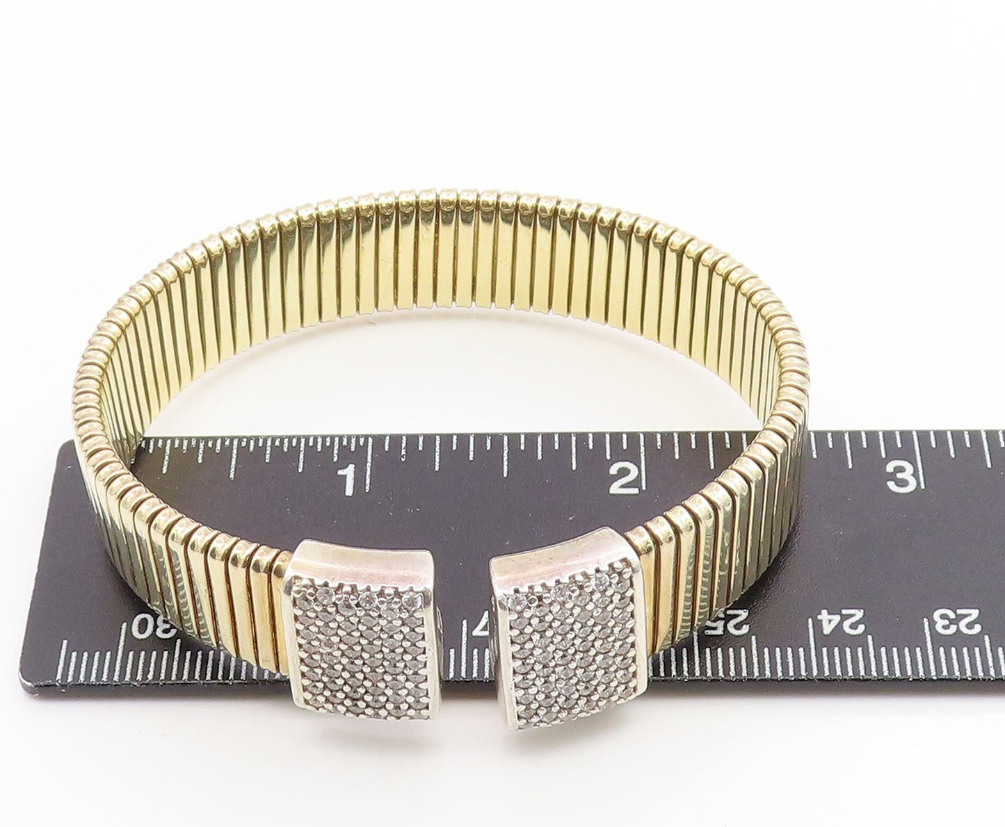 925 Sterling Silver Vintage Bracelet Gold Plated CZ Modernist Wide Cuff  BT11898