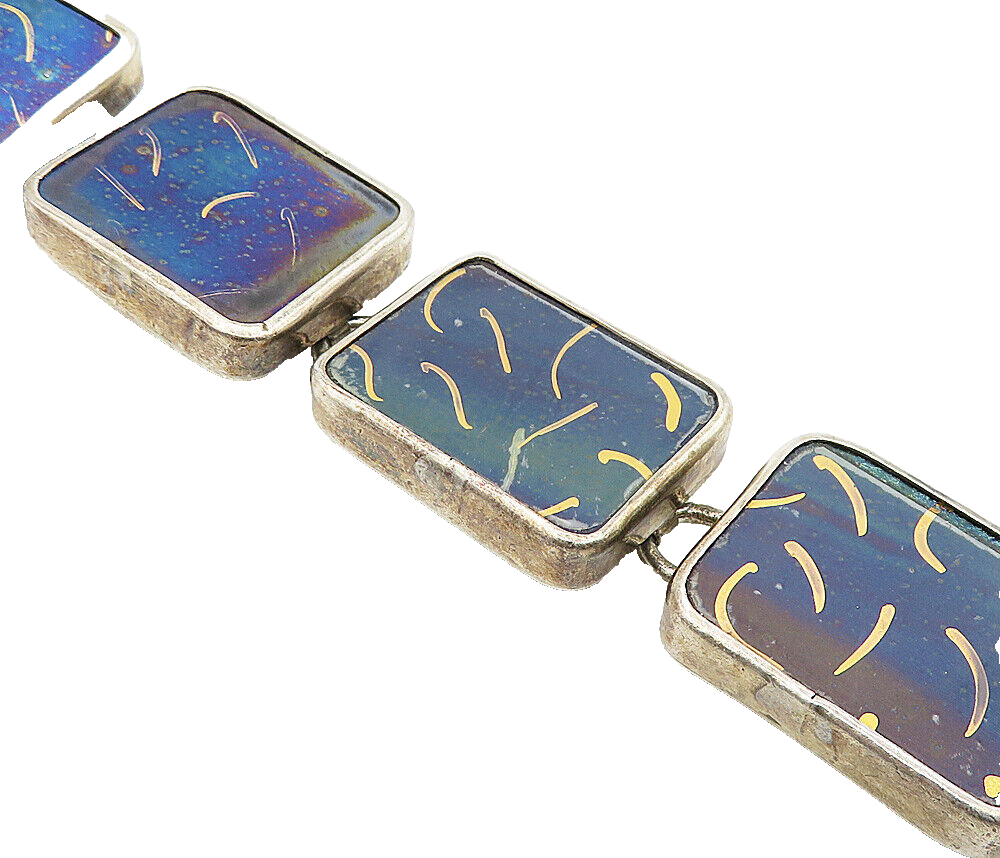 925 Sterling Silver  Vintage Enamel Art Square Link Chain Bracelet  BT1660