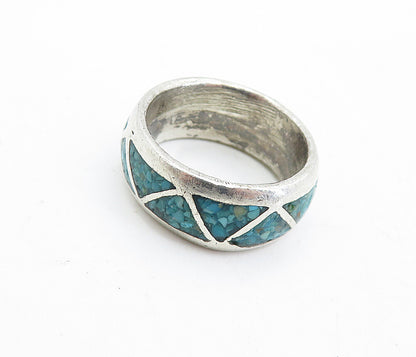 925 Sterling Silver Vintage Crushed Turquoise Pattern Band Ring Sz 6 RG5409