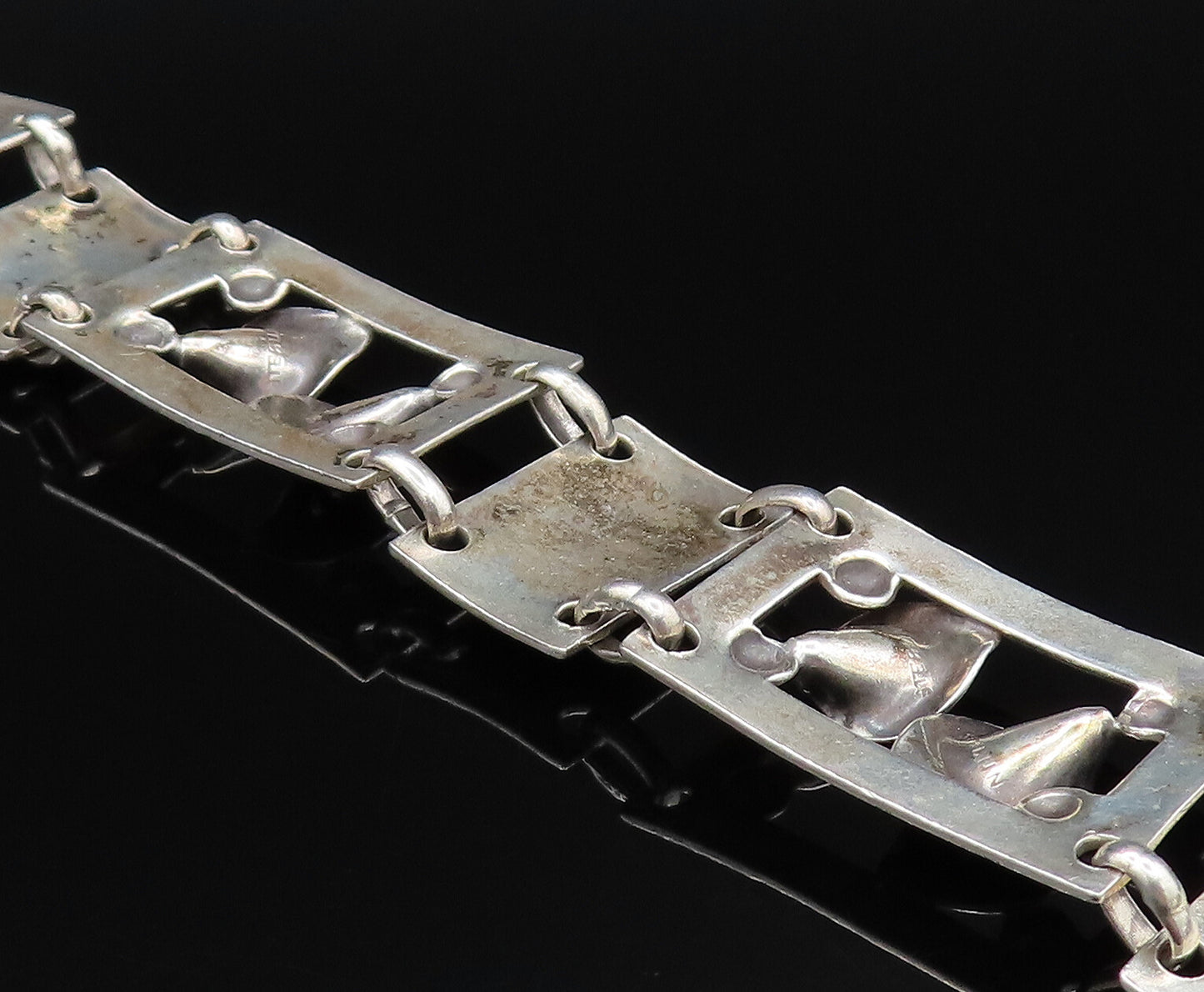 925 Sterling Silver Vintage 3D Flowers Hammered Rectangle Link Bracelet BT9593